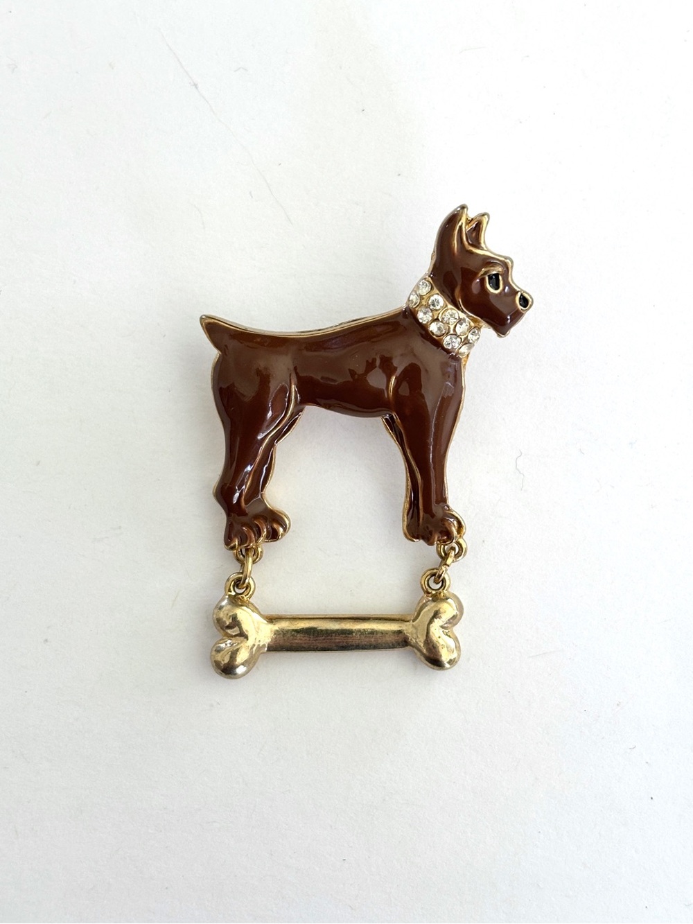 Brown enamel and gold tone dog with crystal collar and bone brooch pin